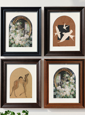 以琳画框中式复古中古风门窗型带卡纸30*40相框摆台挂墙黑色画框