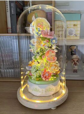 适用于森宝花颜茶语积木防尘玻璃罩发光底小夜灯展示摆件装饰