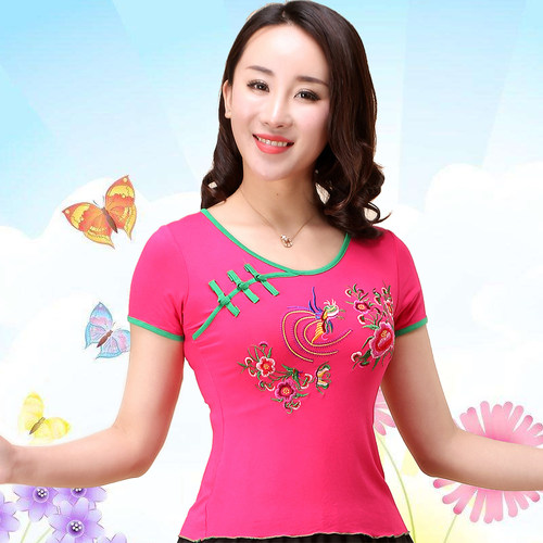 喇叭袖绣花广场舞服装女春夏莫代尔舞蹈练功服大码跳舞上衣表演服 - 图0