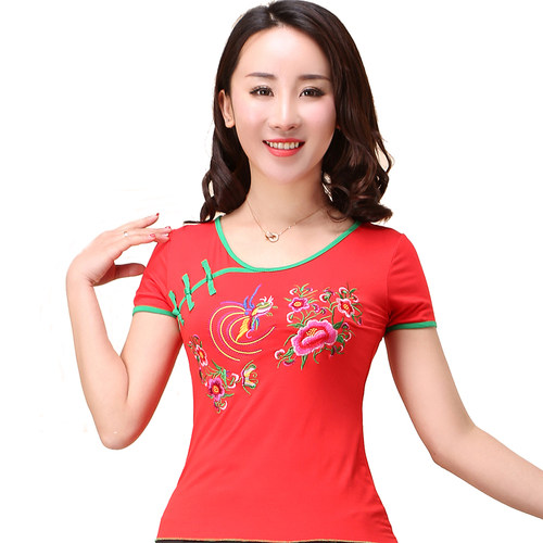 喇叭袖绣花广场舞服装女春夏莫代尔舞蹈练功服大码跳舞上衣表演服 - 图3