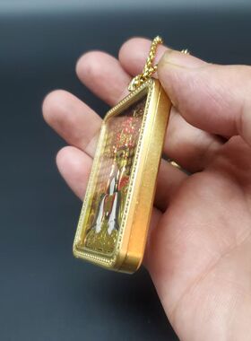广济龙五爷财神唐卡盒钢化玻璃钛钢金色带链吊坠挂件4x5单双面款