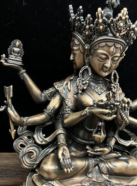 尼泊尔工艺藏传纯铜尊胜佛母紫铜三面八臂摆件供奉菩萨