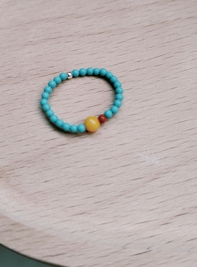 绿松石南红蜜蜡小米珠串珠戒指女2mm细款文玩食指环