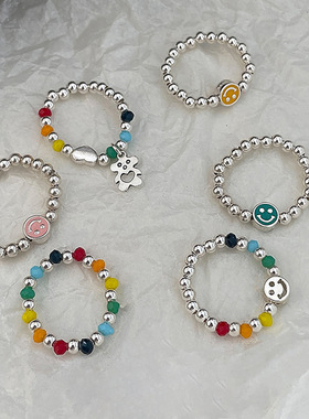 s925纯银彩珠笑脸串珠diy戒指女生ins设计小众网红食指戒潮手饰