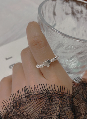 925纯银爱心弹力戒指女韩版小圆珠串珠指环尾戒食指戒指女