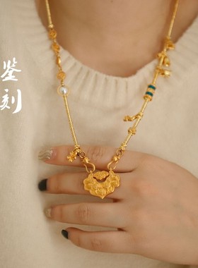 新款热卖鉴刻锦鲤如意锁铃兰花花朵吊坠古法沙金配件项链毛衣链女