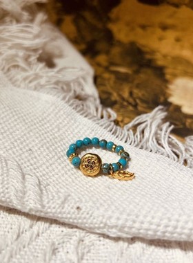 原创小众设计五路财神 黄财神绿松石纯铜沙金弹力绳戒指