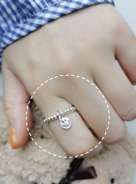 韩国东大门S925纯银笑脸串珠戒指女ins潮简约个性食指戒子可调节