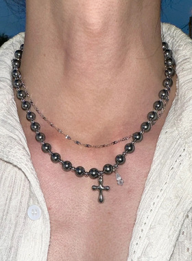无序原创设计高级珍珠恶魔果实十字架多层项链choker个性男生