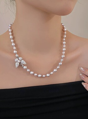 曼塔玫瑰微镶锆石蝴蝶施家珍珠项链毛衣链简约百搭气质颈链锁骨链