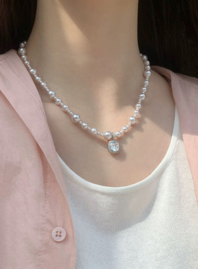 微镶方锆石曼塔玫瑰施家珍珠项链轻奢小众高级感颈链气质锁骨链女