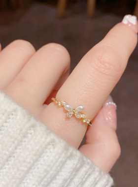 2025新款春季新款气质时尚甜美百搭镶钻珍珠蝴蝶开口戒个性轻奢设