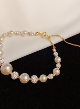 2025新款法式气质优雅百搭镶钻玻璃珠手链精致时尚温柔高级感抽拉