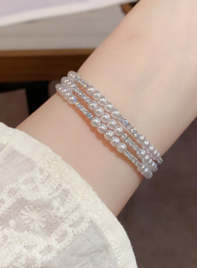 2025新款欧美个性时尚百搭珍珠弹力叠戴手镯女精致气质轻奢设计感