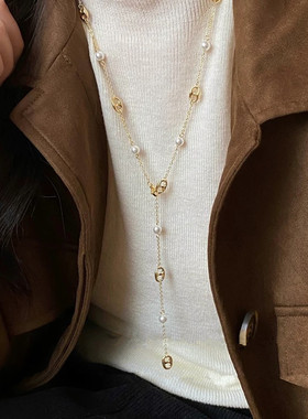 轻奢气质长款猪鼻子高亮珍珠项链女新款爆款毛衣链小众锁骨链配饰