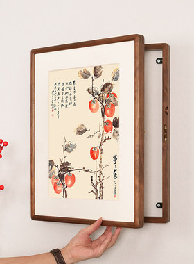 北美黑胡桃实木电表箱挂画新中式翻盖配电箱遮挡电闸盒装饰画竖款