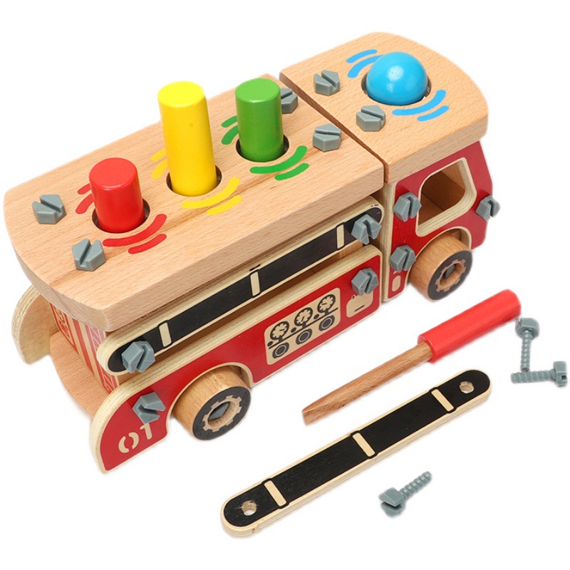 儿童拆装螺母消防车 拧螺丝组装木制打地鼠 幼儿园敲球车益智玩具