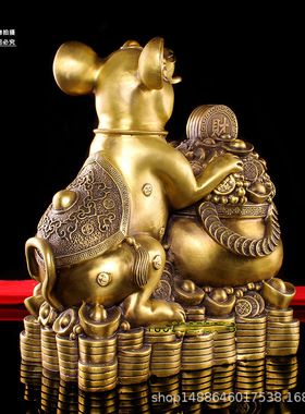 厂家批发铜老鼠摆件 大小号生肖鼠铜聚宝盆 元宝金钱鼠家居工艺品
