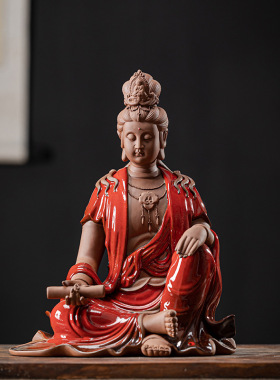 中式陶瓷人物持经自在观音菩萨佛像摆件家居客厅玄关桌面装饰灯圈