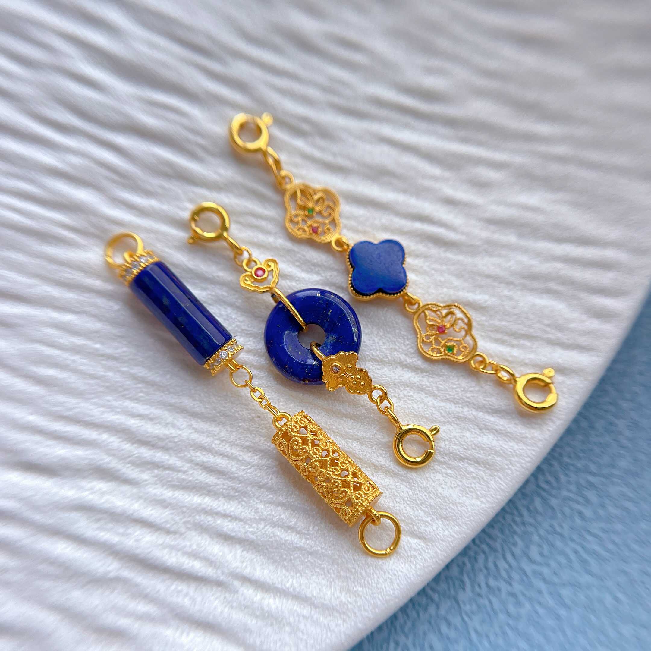 s925古法金纯银配饰镶青金石蜜蜡连接链条diy手链项链延长链尾链 - 图0