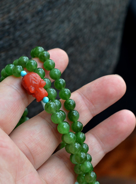 中式国风天然和田玉碧玉串珠项链女菠菜绿碧玉石轻奢收藏多圈手链