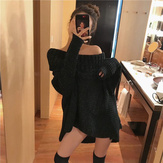 2020 autumn dress new lapel a shoulder sexy long -sleeved sweater jacket female slim slim lazy wind sweater