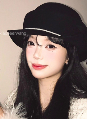 帽子女蝴蝶结珍珠黑色礼帽冬季法式贝雷帽赫本复古风显脸小渔夫帽