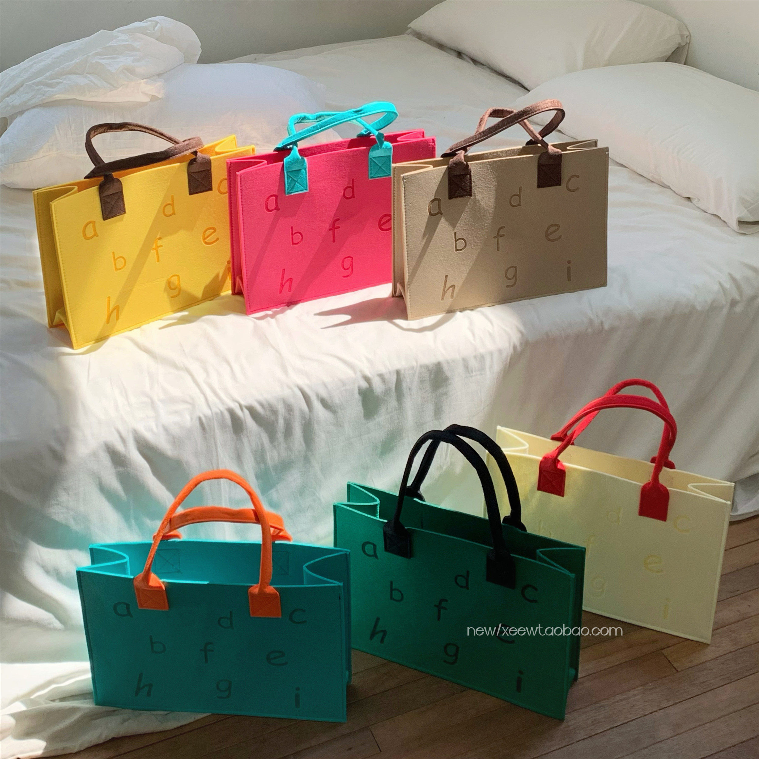 撞色字母购物袋ins风手提毛毡包便携大容量环保袋礼品袋单肩包 - 图3