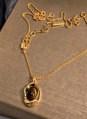 真金电镀人造虎眼石吊坠项链美拉德时尚秋冬毛衣链复古气质饰品女