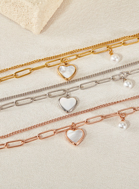 OPK饰品时尚小众设计冷淡风个性双层气质百搭桃心珍珠不锈钢手链