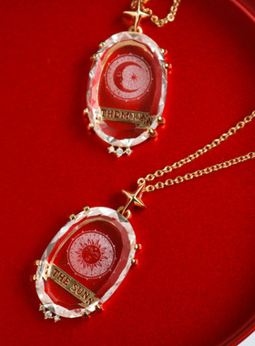 跨境新款透明水晶图案塔罗牌项链复古TAROT太阳月亮精致毛衣链