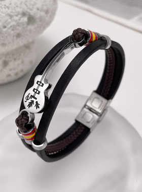 欧美朋克男士皮革手环 男士吉他手链 多层编织手环皮绳 送男友