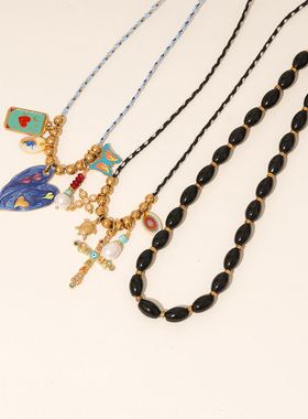 欧美热卖锆石十字架项链INS天然石颈链嘻哈不锈钢爱心塔罗牌项链