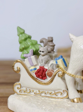 持续瓷生 陶瓷圣诞麋鹿雪车浣熊松鼠礼物盒圣诞树摆件家居