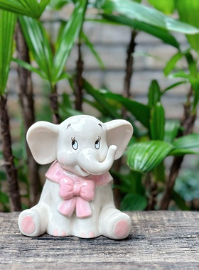 陶瓷动物大象蓝红情侣存钱罐摆件