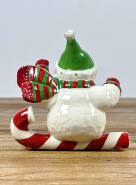 持续瓷生 出口陶瓷红帽绿帽雪人少件坐糖棍拐杖圣诞节日装饰