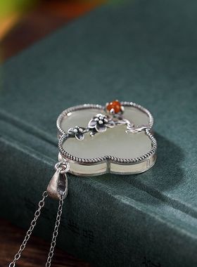 乡恋情女纯银镶嵌玉项链