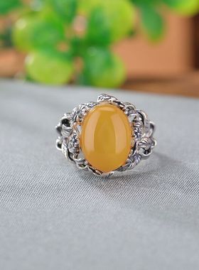 乡恋情S925纯银蜜蜡复古做旧繁花似锦蛋面戒指气质国风镂空银指环