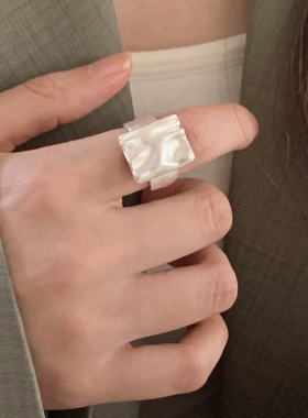 S925镀银几何方形不规则戒指女个性冷淡风创意褶皱百搭气质指环潮