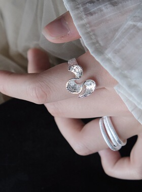 S925镀银唐草纹裙摆戒指女几何多层百搭叠戴气质开口指环ins风个