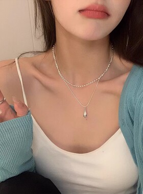 S925镀银简约双层水滴项链女冷淡风个性气质镀银高级感锁骨链ins
