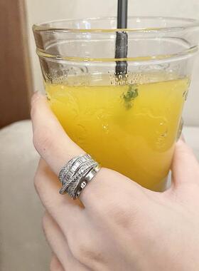 S925镀银闪亮几何戒指女时尚气质多层线条百搭开口指环ins风网红