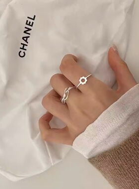 S925镀银甜美小巧精致花朵戒指女几何线条缠绕个性开口指环小众清