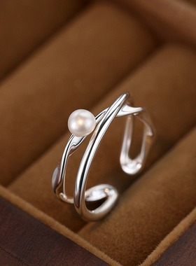 简约线条交叉珍珠戒指女几何链条叠戴百搭S925镀银开口指环食指戒