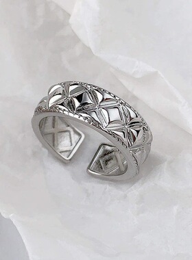 S925镀银甜酷简约几何菱格戒指女复古时尚百搭气质开口指环ins风