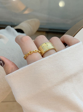【两件包邮】欧美个性金色复古戒指女925镀银高级感ins韩版学生简