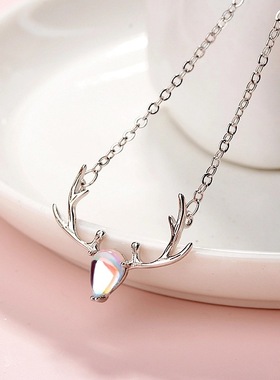 【两件包邮】韩版月光石小鹿项链女甜酷复古时尚气质百搭麋鹿角锁