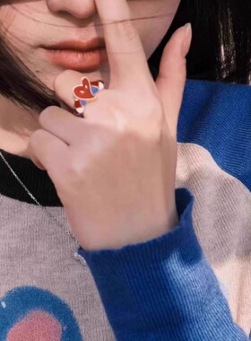 S925镀银甜酷爱心戒指女精致滴釉重工时尚百搭开口指环网红个性创