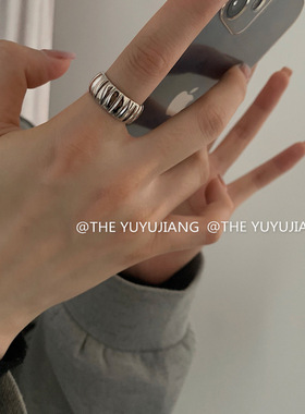 S925镀银几何齿轮戒指女时尚韩版镀银牛角包开口指环ins嘻哈食指