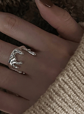 个性水滴戒指女简约时尚S925银几何不规则开口指环嘻哈创意食指戒